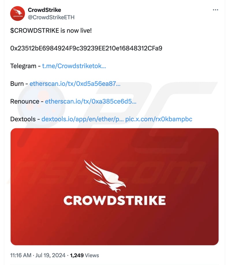 Tuit fraudulento de Crowdstrike promocionando el token Crowdstrike