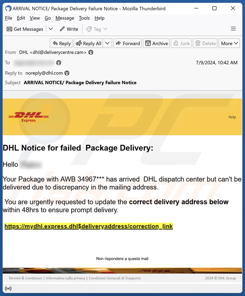 DHL - Notice For Failed Package Delivery campaña de spam por correo electrónico