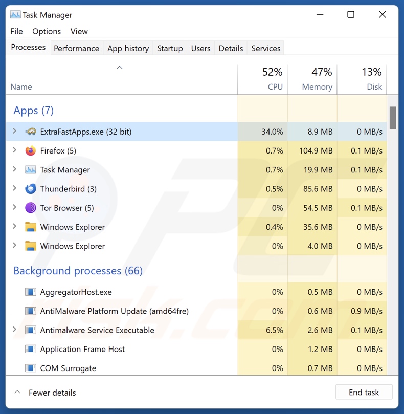 Proceso ExtraFastApps PUA en el Administrador de Tareas (ExtraFastApps.exe - nombre del proceso)