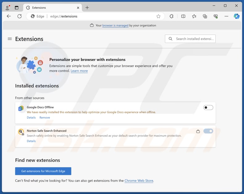 getsearchredirecting.com redirige la extensión Norton Safe Search Enhanced en Edge