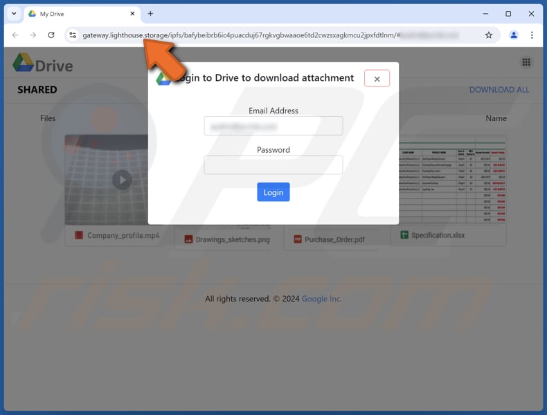 Google Drive estafa por correo electrónico página de phishing