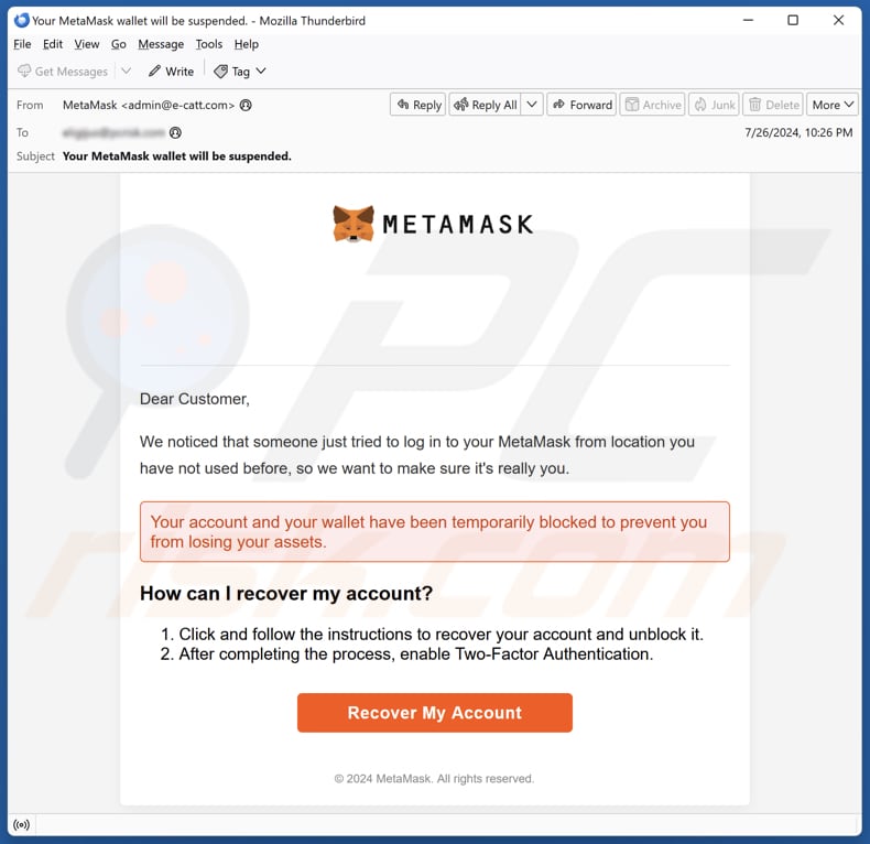 MetaMask Log-In Attempt campaña de spam por correo electrónico