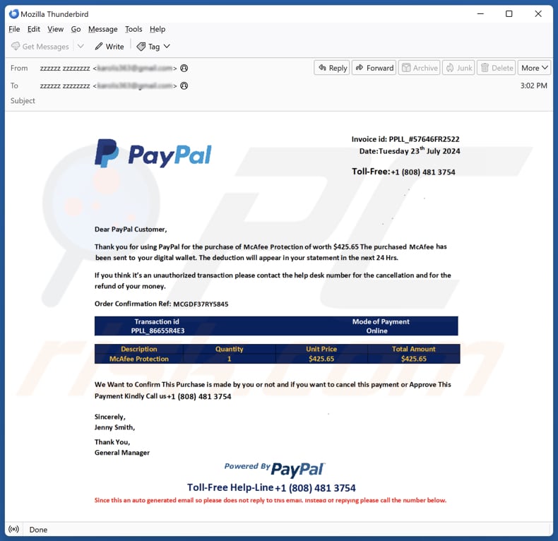 PayPal Order Confirmation campaña de spam por correo electrónico