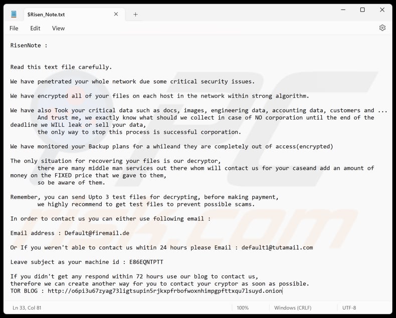 Risen ransomware archivo de texto ($Risen_Note.txt)