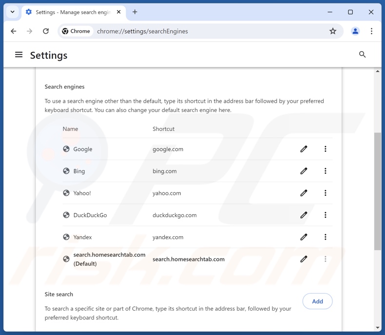 Eliminación de search.homesearchtab.com del motor de búsqueda predeterminado de Google Chrome