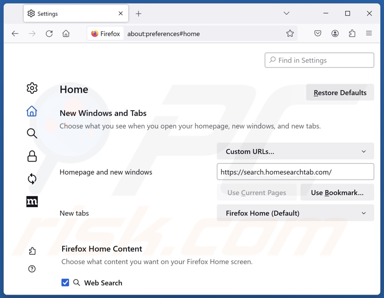 Eliminar search.homesearchtab.com de la página de inicio de Mozilla Firefox