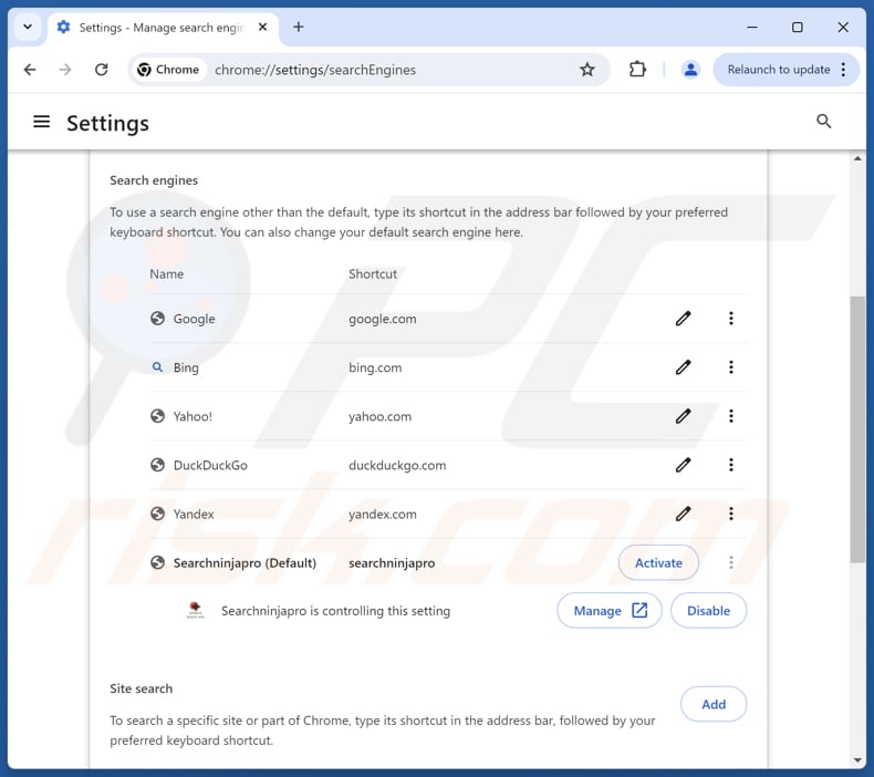 Eliminación de searchninjapro.com del motor de búsqueda predeterminado de Google Chrome