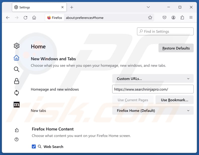 Eliminar searchninjapro.com de la página de inicio de Mozilla Firefox