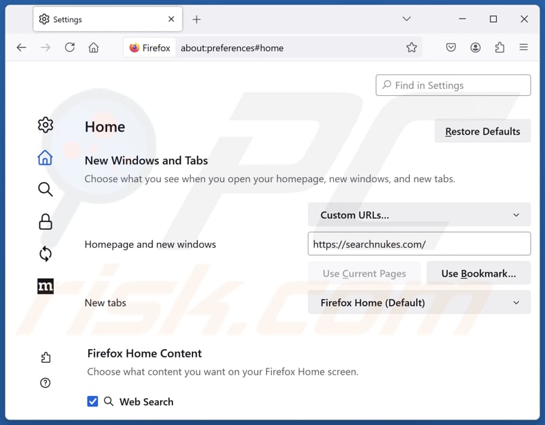 Eliminar searchnukes.com de la página de inicio de Mozilla Firefox