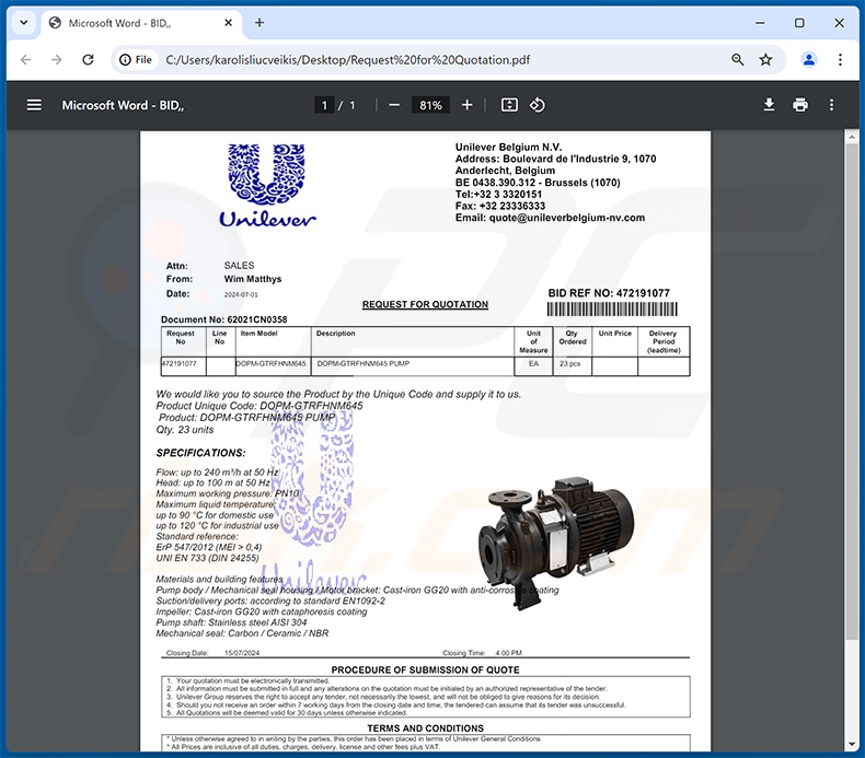 Archivo PDF distribuido a través del correo electrónico fraudulento de UNILEVER (2024-07-01)