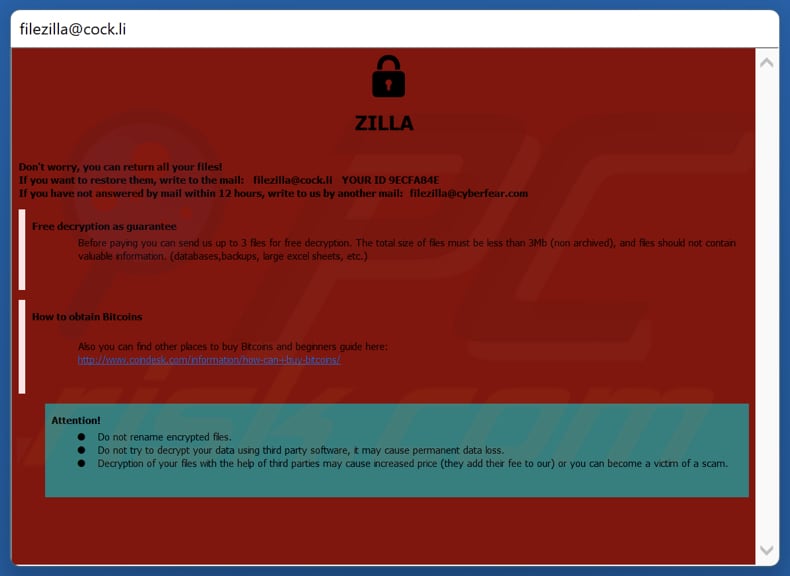 ZILLA ransomware nota de rescate (pop-up window)