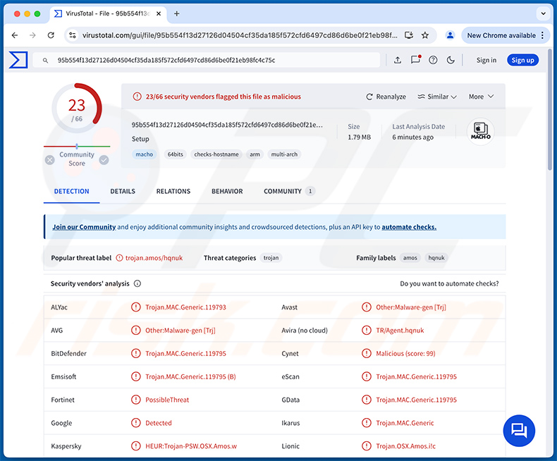 Detecciones del malware Banshee en VirusTotal