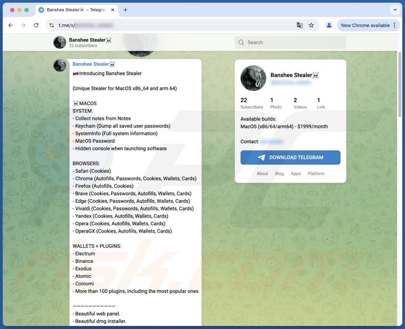 El malware Banshee, respaldado en Telegram