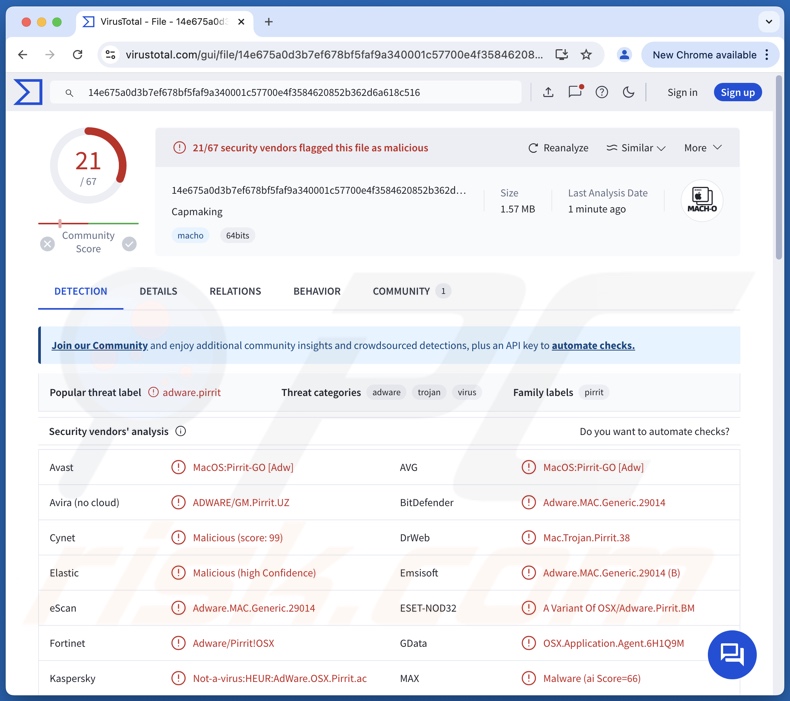 Capmaking.app adware detecciones en VirusTotal