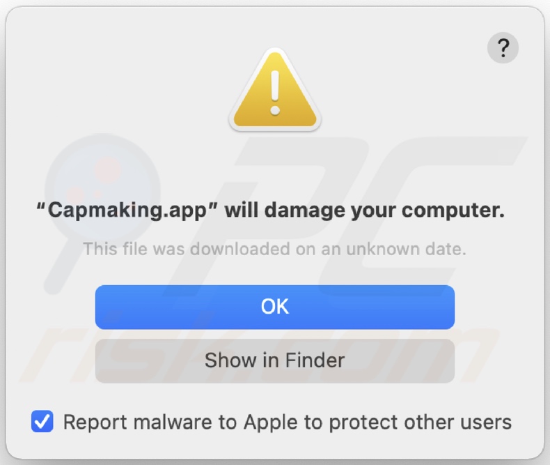 Ventana emergente que aparece cuando se detecta el adware Capmaking.app en el sistema