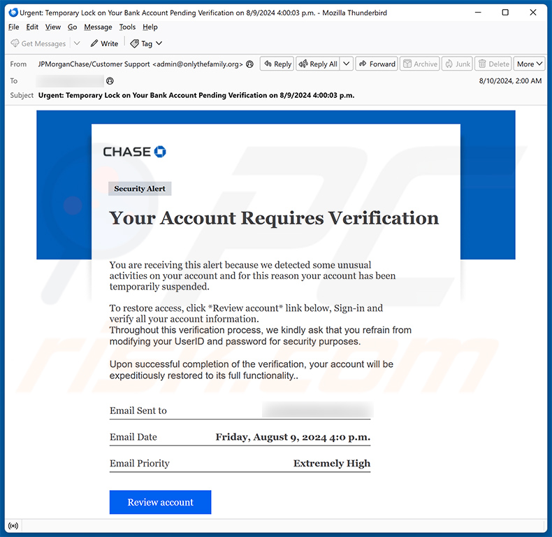 Chase - Account Verification estafa por correo electrónico (2024-08-19)