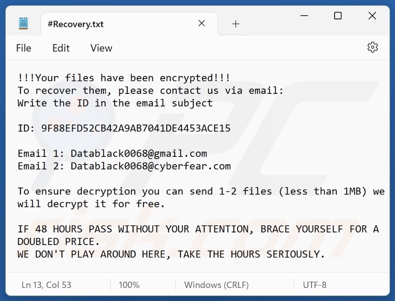 Datablack ransomware nota de rescate (#Recovery.txt)