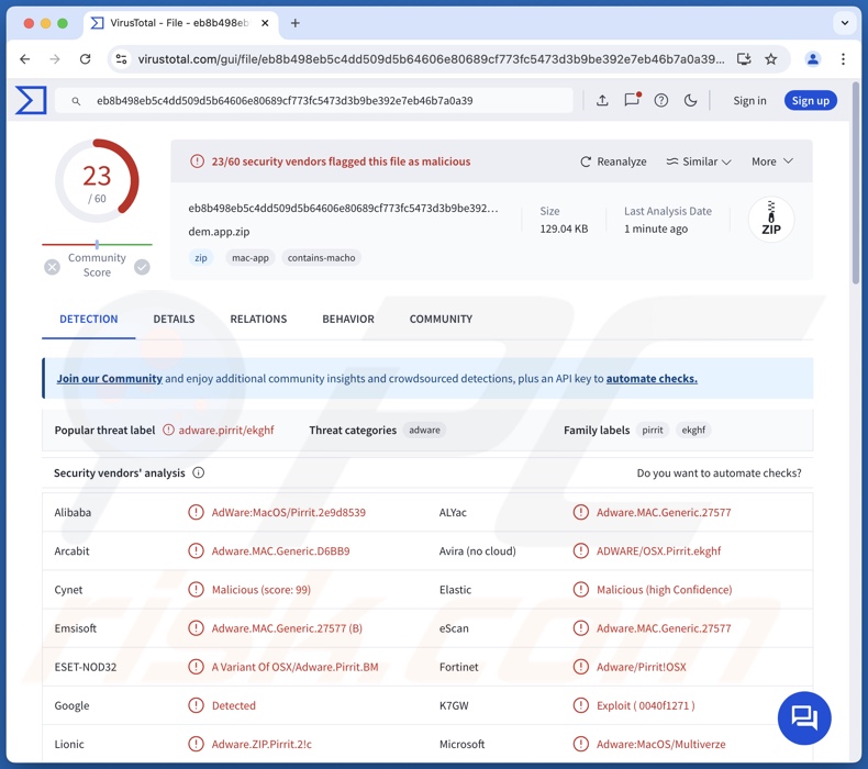 Detecciones del adware Dem.app en VirusTotal