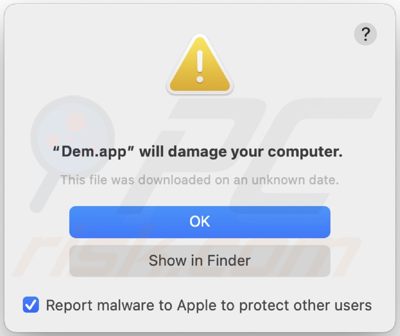 Ventana emergente que aparece cuando se detecta el adware Dem.app en el sistema