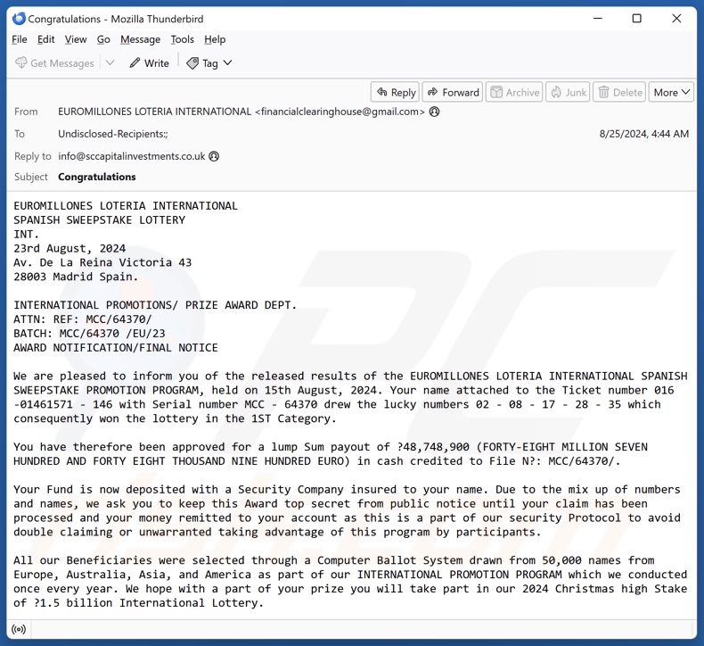 EUROMILLONES LOTERIA INTERNATIONAL campaña de spam por correo electrónico