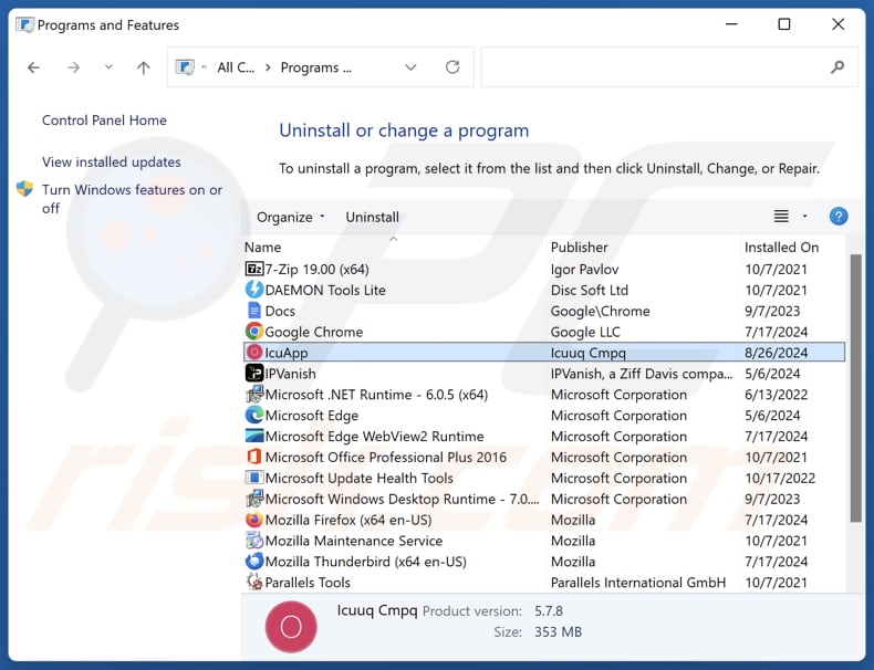 Desinstalación de IcuApp a través del Panel de control