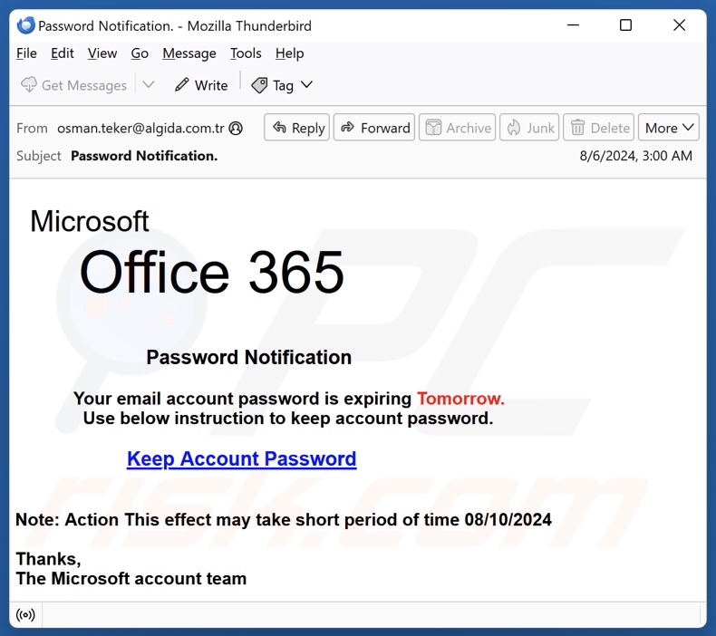 Microsoft Office 365 - Password Notification campaña de spam por correo electrónico