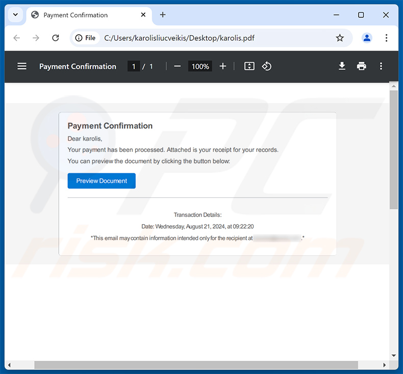 Documento PDF engañoso distribuido mediante correo electrónico fraudulento de confirmación de pago (2024-08-27)