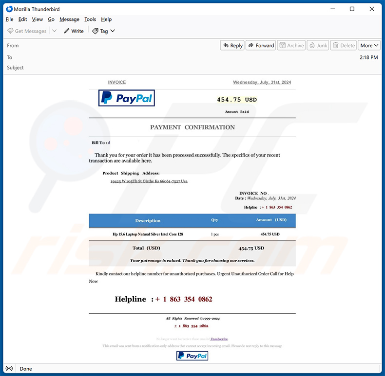 PayPal Order Confirmation estafa por correo electrónico (2024-08-06)