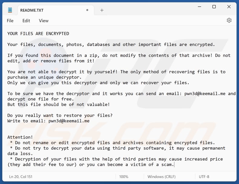 Pwn3d ransomware archivo de texto (README.txt)