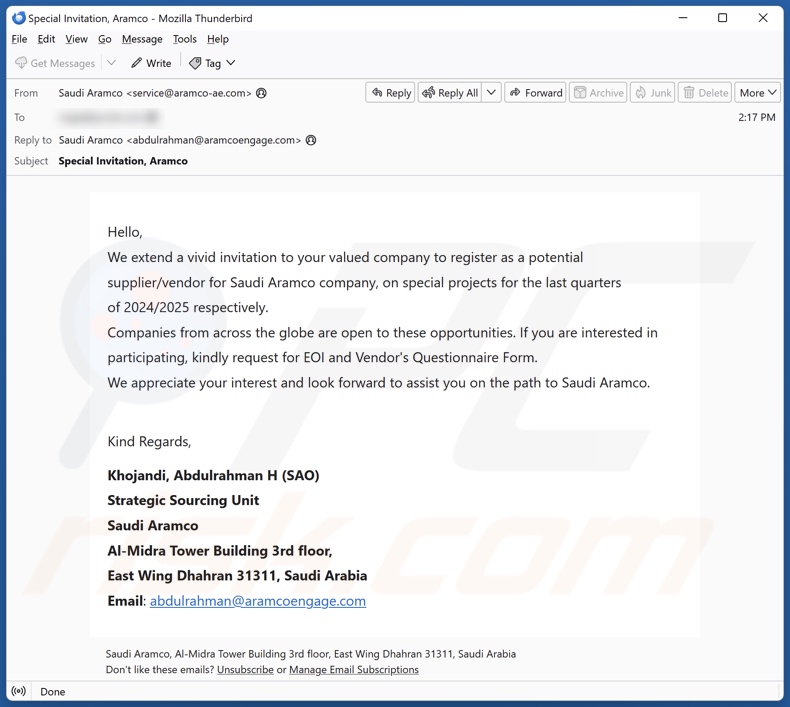 Saudi Aramco variante de correo electrónico fraudulento 2