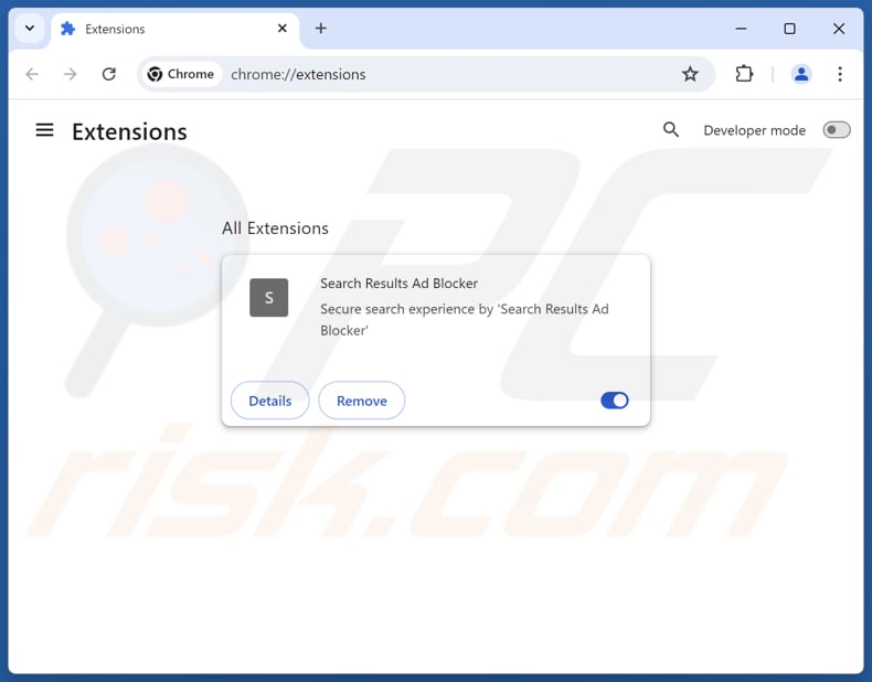 Eliminación de las extensiones de Google Chrome relacionadas con searchresultsadblocker.com