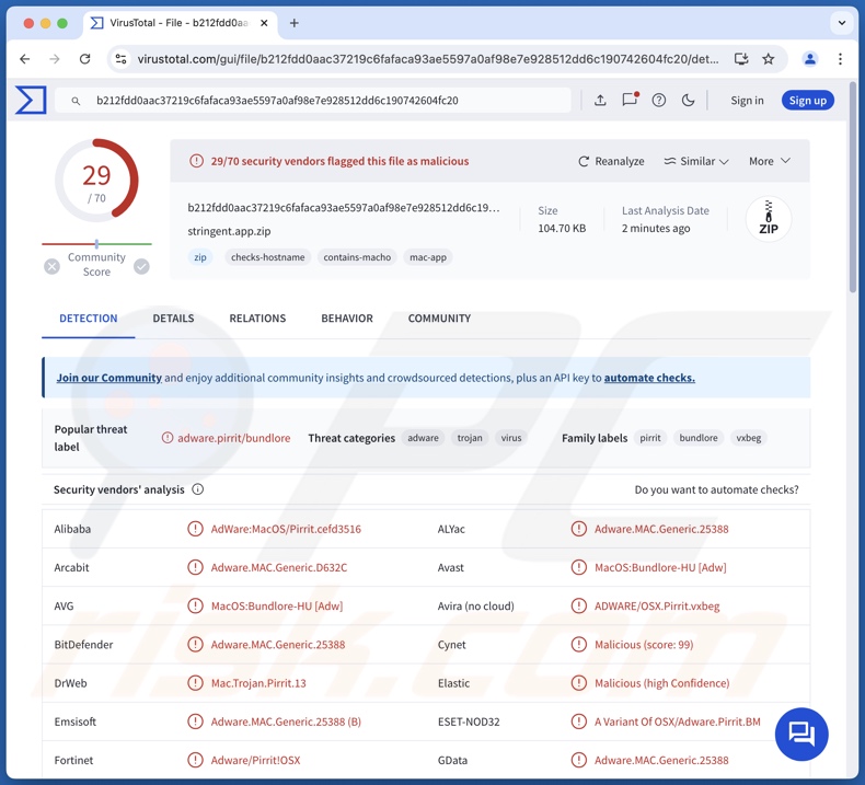 Detecciones del adware Stringent.app en VirusTotal