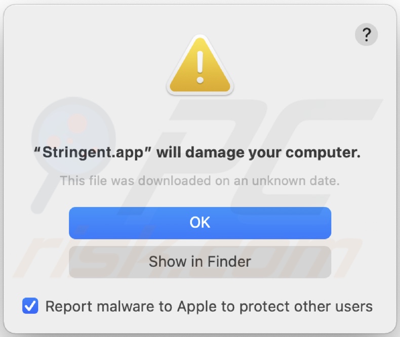 Ventana emergente que aparece cuando se detecta el adware Stringent.app en el sistema