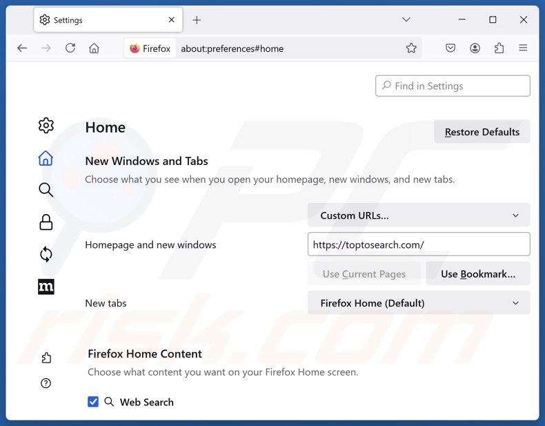 Eliminar toptosearch.com de la página de inicio de Mozilla Firefox