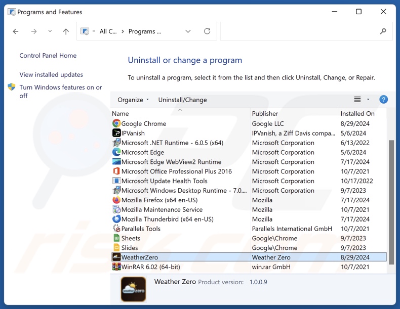 Desinstalación de WeatherZero a través del Panel de control