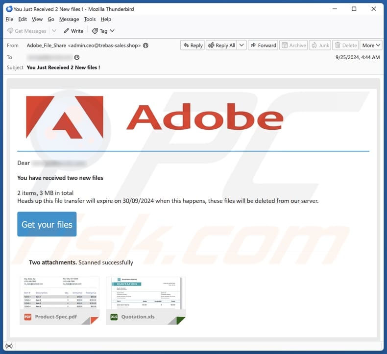 Adobe - You Have Received New Files campaña de spam por correo electrónico