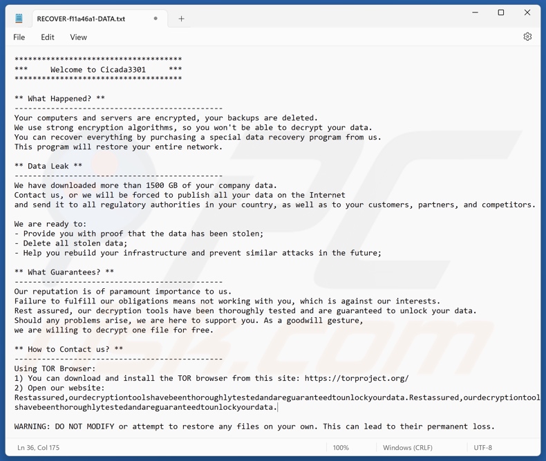 Cicada 3301 ransomware nota de rescate (RESTORE-[file_extension]-DATA.txt)