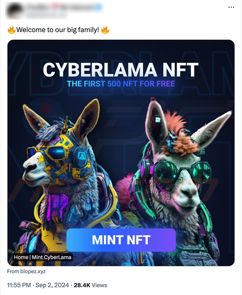 X (Twitter) post promocionando la estafa CyberLama Mint