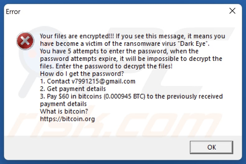 Dark Eye ransomware error pop-up ransom nota