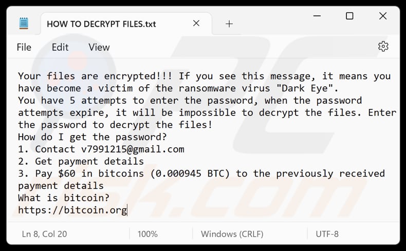 Dark Eye ransomware archivo de texto (HOW TO DECRYPT FILES.txt)