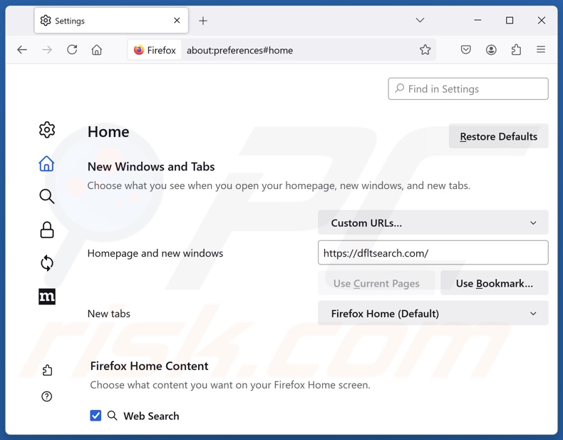 Eliminar dfltsearch.com de la página de inicio de Mozilla Firefox