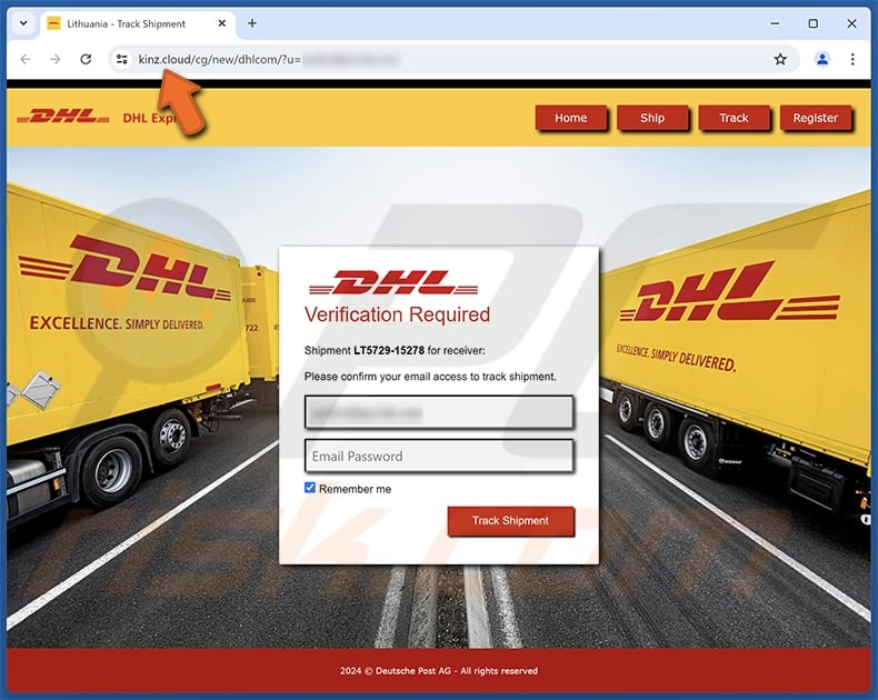 DHL Pickup Confirmation correo electrónico fraudulento promovido sitio de phishing