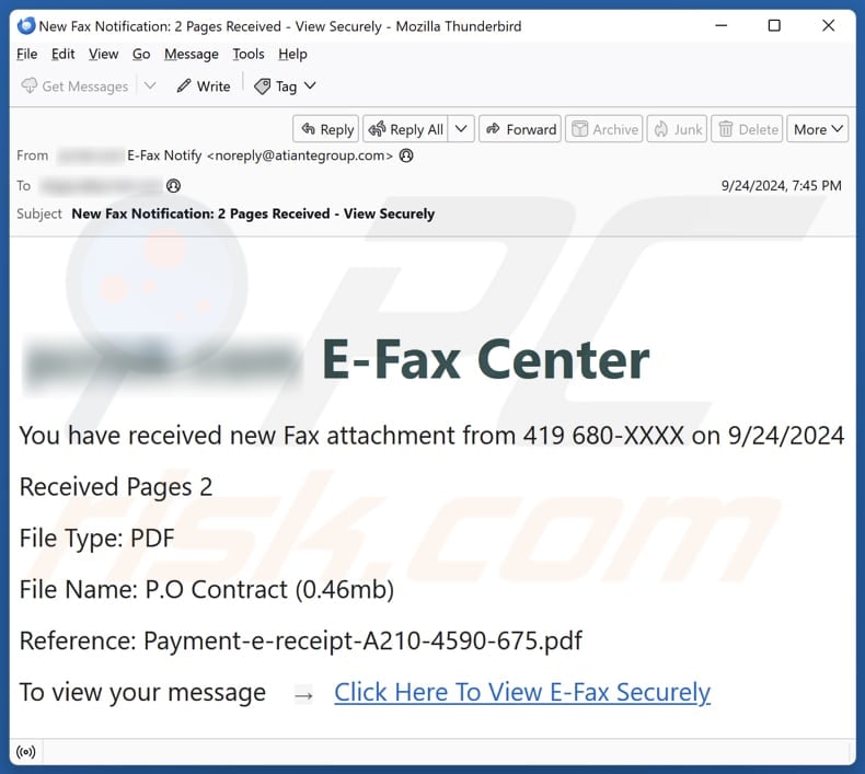 E-Fax Center campaña de spam por correo electrónico