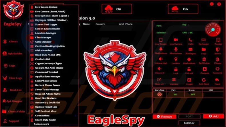 Panel de administración del malware EagleSpy