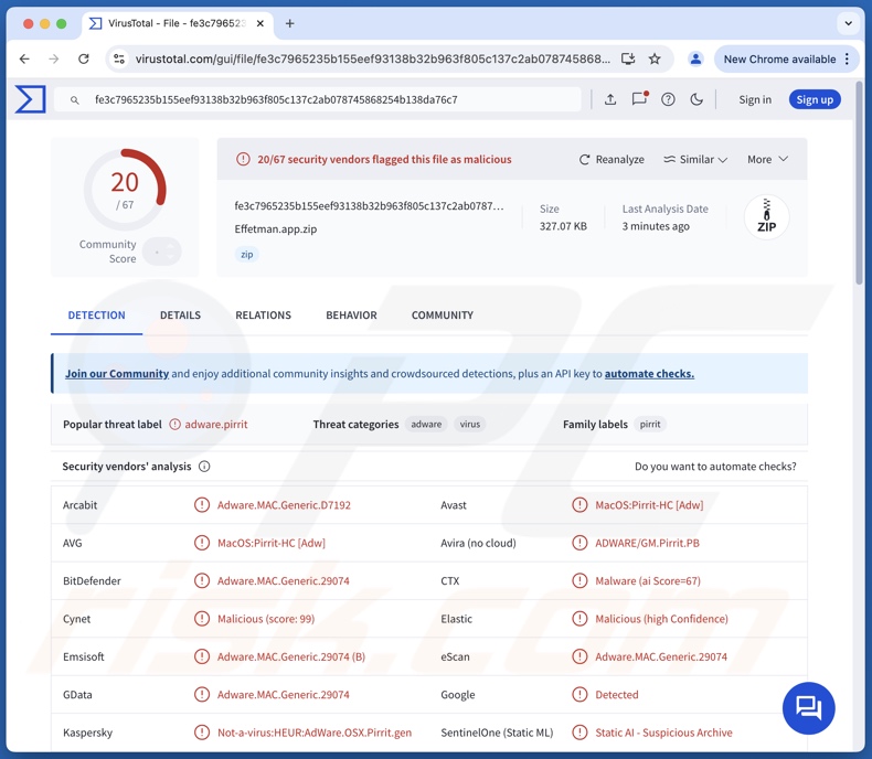 Detecciones del adware Effetman.app en VirusTotal