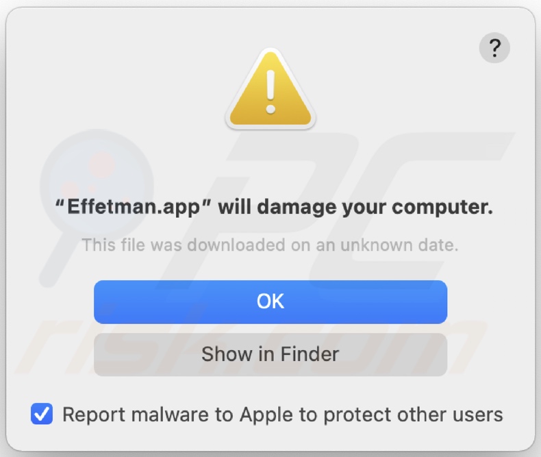 Ventana emergente que aparece cuando se detecta el adware Effetman.app en el sistema