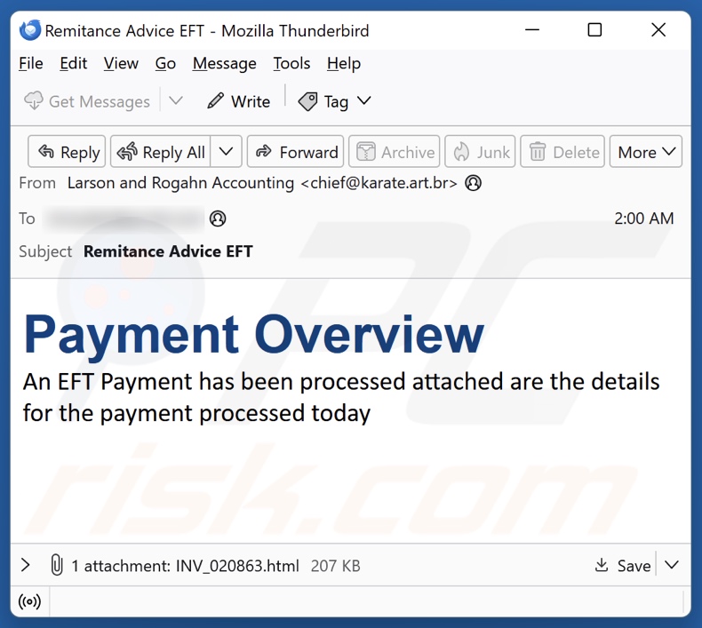 EFT Payment Overview campaña de spam por correo electrónico