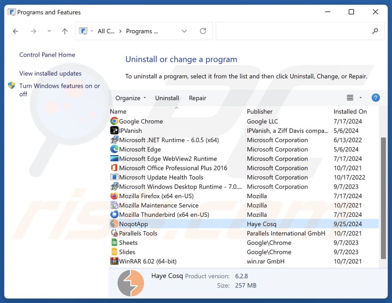 Desinstalación de NoqotApp a través del Panel de control