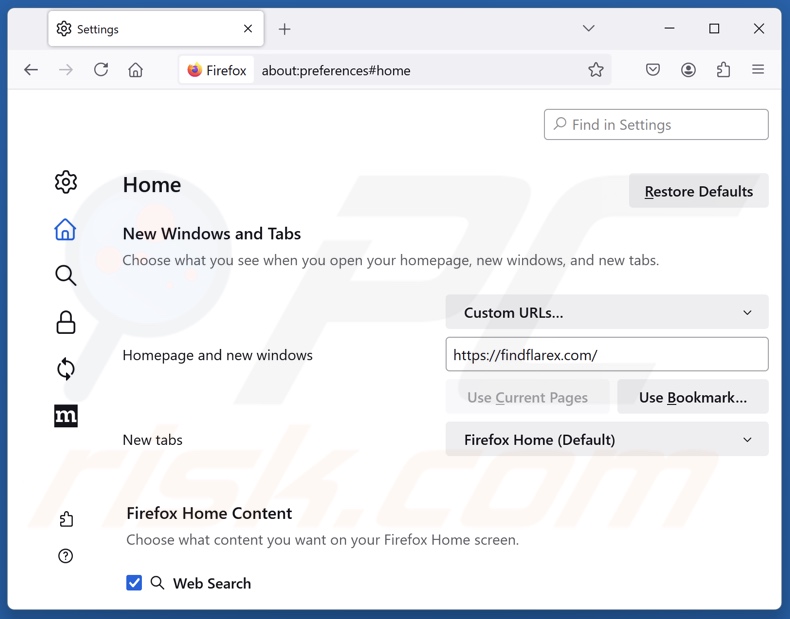 Eliminar findflarex.com de la página de inicio de Mozilla Firefox