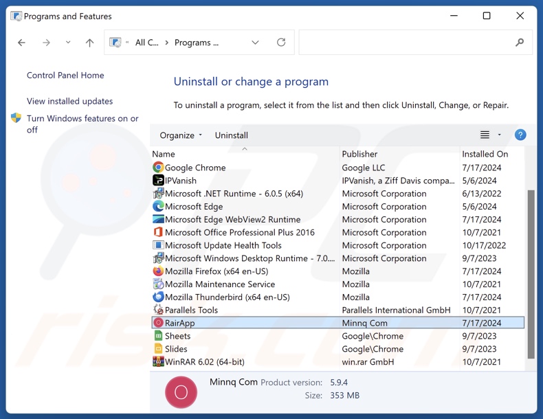 Desinstalación de RairApp a través del Panel de Control